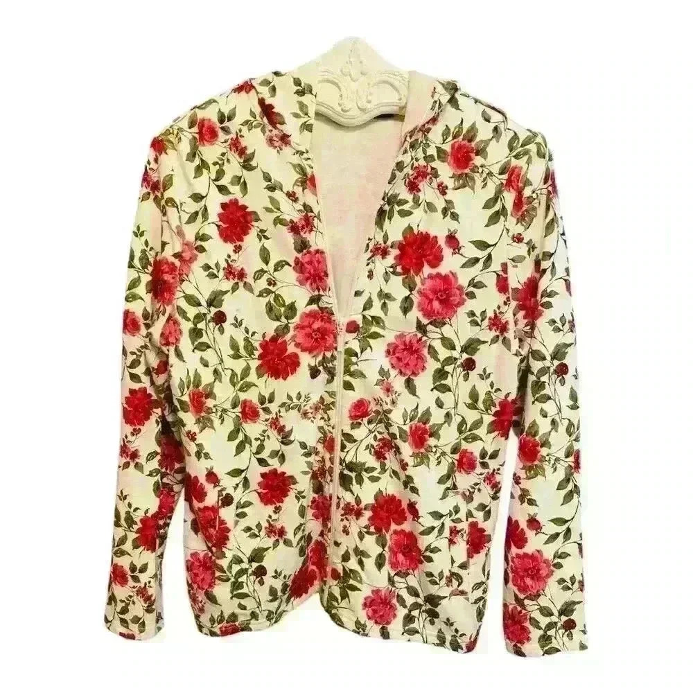 Basic Editions Women's Floral Hooded Long Sleeve Top Size S Multicolor